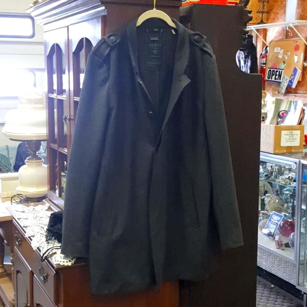 Guess XL Mens Unisex Gray Wool Blend Button Up Long Coat Winter Jacket Like‎ New
